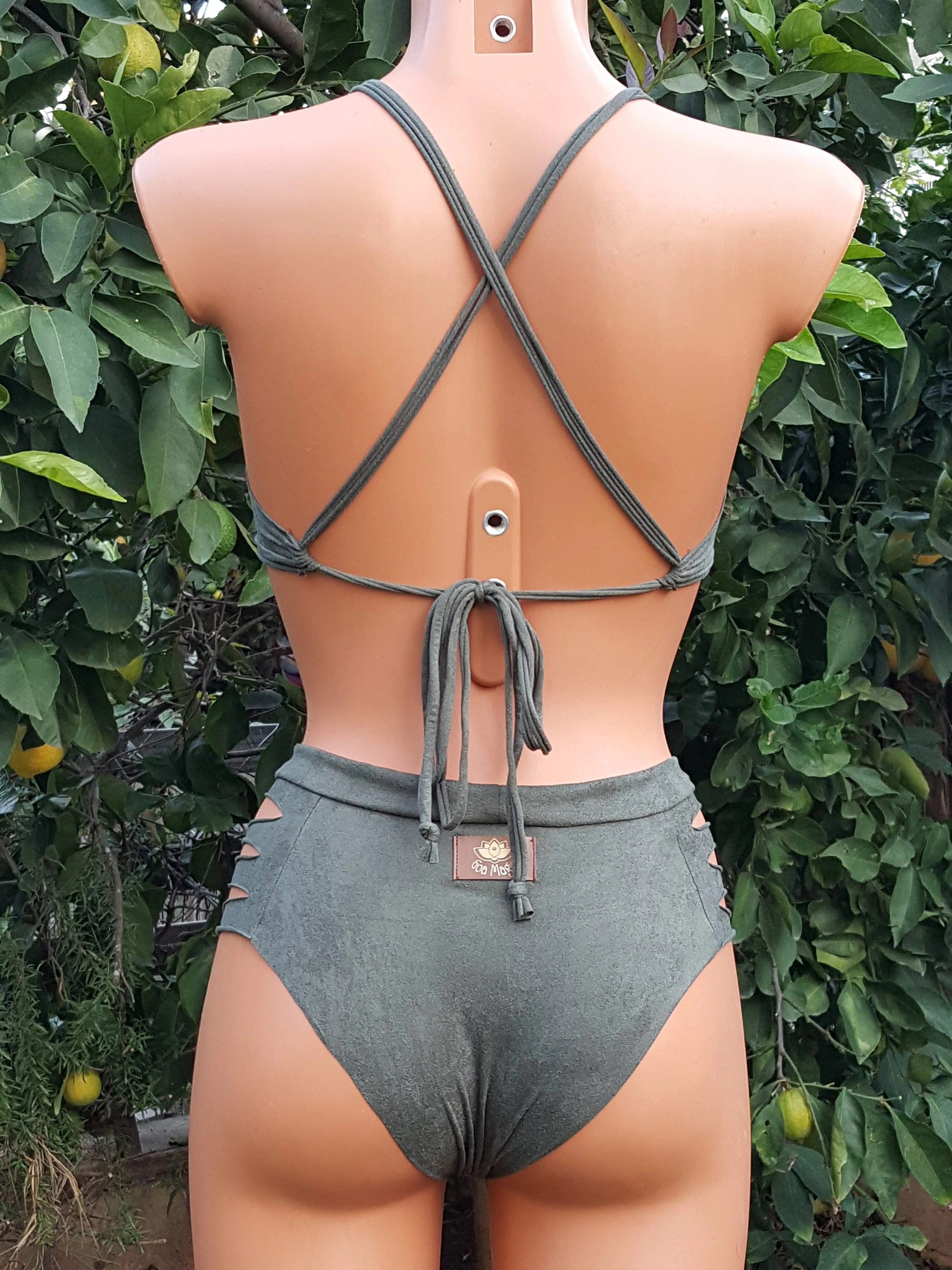 Clearance - Suede Look Olive Green Bathing-Suit For Women