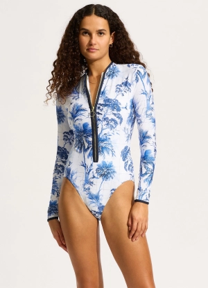 Marbella Zip Front Surf Suit - White Trellis