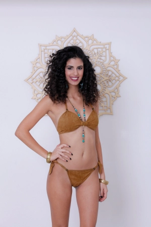 Wholesale - Suede Look Dark Camel Bikini Set For Women "BEADS"