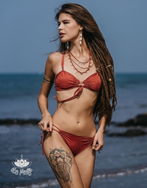 Wholesale - Suede Look Dark Orange Bikini Set For Women "Cross"